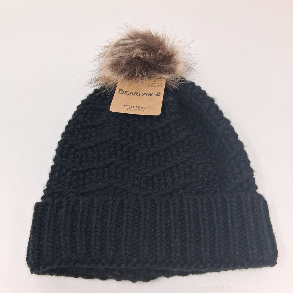 Bearpaw Womens Black Texture Knit Cuff Hat Faux Fur Pom Beanie 11LKR007291 NEW